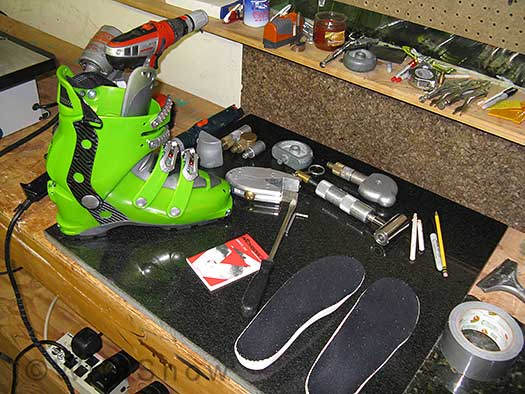 Boot fitting for backcountry skiing and ski mountaineering in Alaska. Mark Rolfes was kind enough to let me use his boot fitting bench, which includes a nice array of stretching and punching tools.