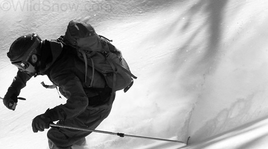 Ski photo. Without color to distract me, I'm intrigued by subtle shapes such as the pole basket wake.