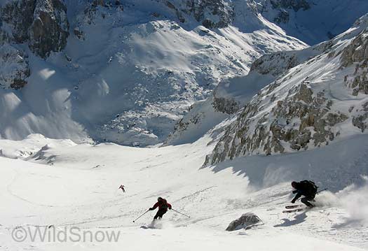 Swiss backcountry skiing and ski alpinism. Down from the Sulzfluh, gotta get back to the hut in time for the product presentation.