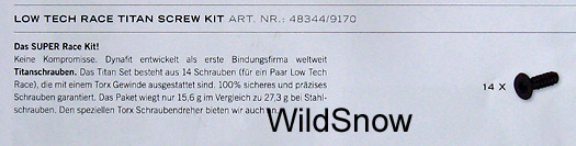 Titanium binding screws. Did we think of it first here at WildSnow.com? No matter, now Dynafit has seen the light and is selling titanium binding screws for a whopping savings of 11.7 grams, or the weight of about two nickles in your pocket.