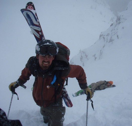 Grrr, my legs are tired! At the top of Brown Shorts couloir, behind Revelstoke ski area.