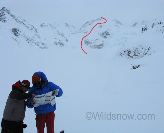 Mike and Sky figuring out where to go next, our route in the background