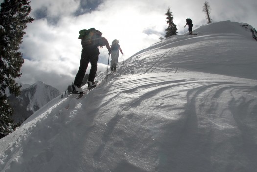 photoessay-marbleshredfest-skinup Skinning up the sastrugi streaked ridge to the summit of Marble.