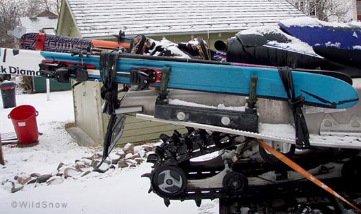 Snowmobile ski carry for backcountry skiing. Snowmobile ski carry for backcountry skiing.