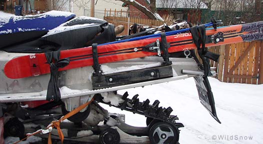 Snowmobile ski carry for backcountry skiing. Snowmobile ski carry for backcountry skiing.