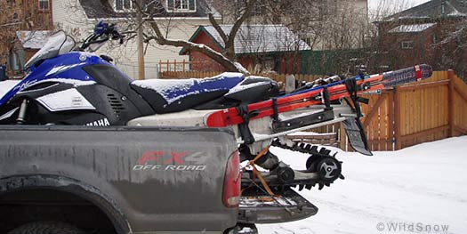 Snowmobile ski carry for backcountry skiing. Snowmobile ski carry for backcountry skiing.
