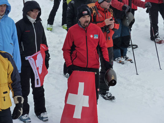 Enthusiastic Swiss supporters, complete with cow bells.