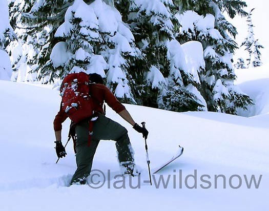 What goes down must go up, and a wide ski helps. What goes down must go up, and a wide ski helps.