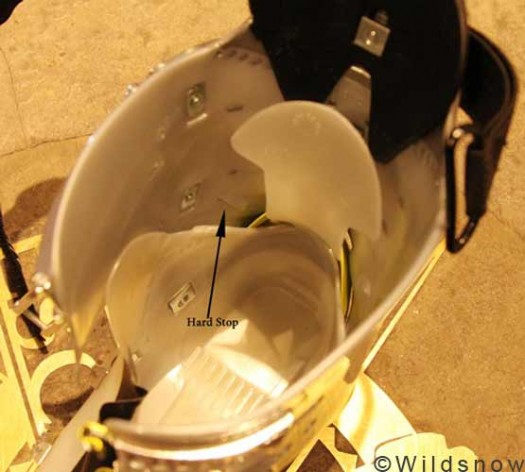 ShakaReview-innerboothardstop A necessary addition to tongue boots is the hard stop. This prevents the back cuff from collapsing beyond the inner cuff when your weight is thrown forward. This allows the skier to maintain control in variable conditions.