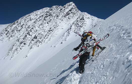 007-autobahn-IMG_0197 Next section of the route is known as the 'Autobahn' in honor of thre many European climbers who have fallen down it when it's icy. Today the 'Bahn had some patches of white ice, but it was mostly coated with winded fresh snow and thus quite safe. We skied it on the return.