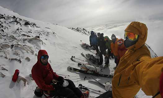 6-14-IMG_7188-group-attempt-17 The crew during our Friday acclimation climb and summit attempt. This shot is taken just around the corner from the miserable but possibly useful 17,200 foot camp. The wind was howling up there, we were in the calm. Elevation and aspect on this mount cause dramatic differences in weather.