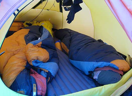 6 18 2 IMG_0726-exped-tent Louie and Lou's tent in real life, Expeds and Forty Below on the floor, Louie catching a snooze.