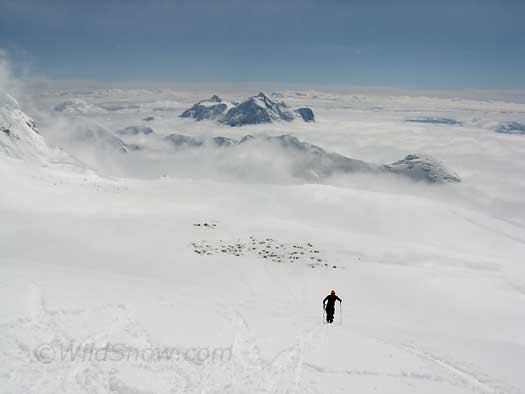 6 7 8 IMG_0620-14200-ski-view Looking down on the 14,200 foot camp from the ski slope, Huntington and Hunter in background.