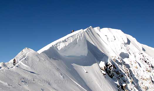 IMG_0295-summit-ridge Lou on the summit ridge -- at 14,000 feet it would have taken 10 minutes, instead it took a half hour. Parts are knife edged with something like a 10,000 vertical foot cliff dropping off to your right.