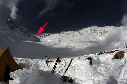 IMG_7049-headwall-view Wide angle view of Denali West Buttress section above 14,200 foot camp. Arrow indicates Headwall.