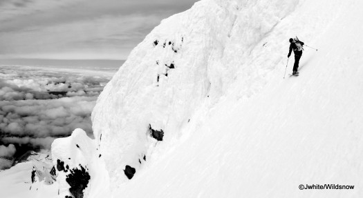 Lou skiing, a bit scared of the icy steep terrain with a gas filled crater looming below. bit scared of the icy steep terrain with a gas filled crater looming below.