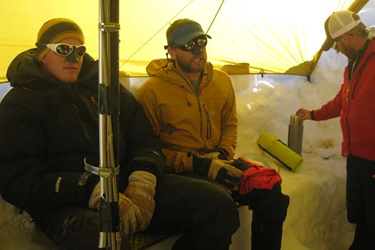 Yours truly on the left in our cooktent at 14,200 feet on the Big Mac. Note the pole repair. Yours truly on the left in our cooktent at 14,200 feet on the Big Mac. Note the pole repair.