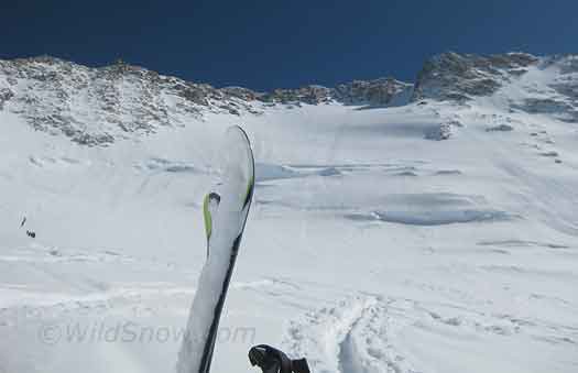 IMG_9826-rescue-gully This large chunk of snow is known as the Rescue Gully and is the most direct way to ski down from the 17,200 foot camp. It gets skied quite a bit, but current snowfall has been too frequent and heavy for the route to be avalanche safe. We hope to at least use this as our descent if we come off the summit, but doing so is not essential to doing a nice ski descent of Denali, as even if you descend the West Buttress ridge partially on foot you'll still have skied enough of the route to feel good about it.