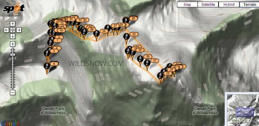 denali-summit-spot Spot tracking map showing progress from 14 camp, to the summit, and back.
