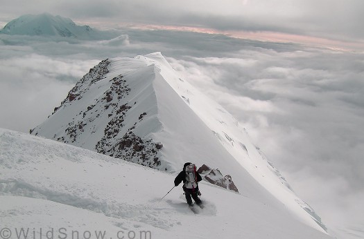 Lou skiing Washburn Ridge at about 16,500 feet, Denali, on his Waybacks. Lou skiing Washburn Ridge at about 16,500 feet, Denali, on his Waybacks.