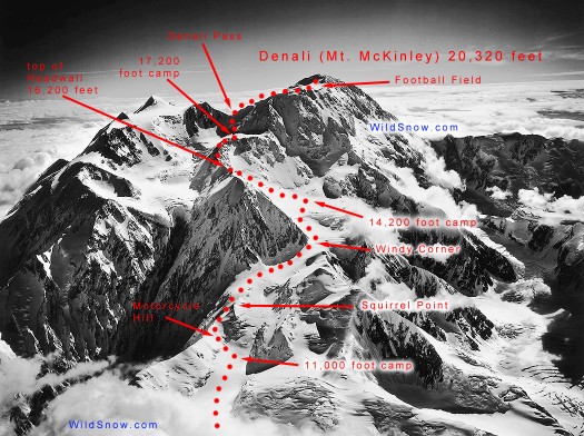Denali West Buttress route as viewed from west. Denali West Buttress route as viewed from west.