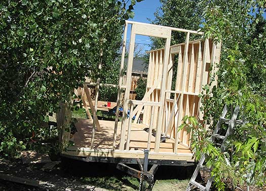 Backcountry skiing cabin. Another view of the framing. Sheathing is 5/8 CDX plywood, which will act both as interor walls and substrate for siding made from mineral roll roofing material.