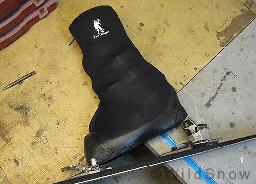 Forty Below Fresh Tracks overboot in Dynafit backcountry skiing bindings. Forty Below Fresh Tracks overboot in Dynafit backcountry skiing bindings.