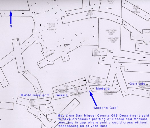 County plat showing Modena Gap for backcountry skiing egress and access. County plat showing Modena Gap for backcountry skiing egress and access.