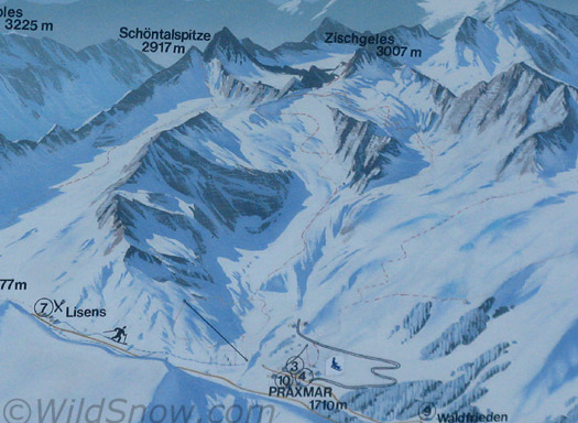Praxmar backcountry skiing, map. Praxmar backcountry skiing, map.