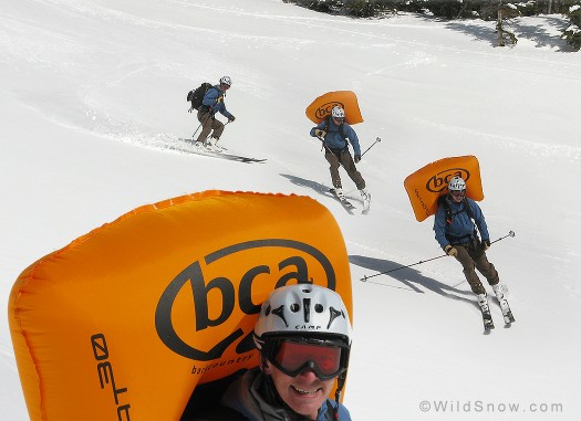 BCA Airbag Backpack for backcountry skiing. The best triggering test is done in the field. Tony finds the pull easy and the results gratifying.