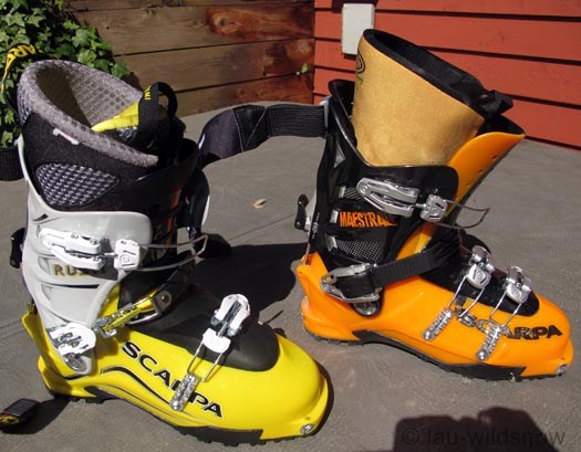 Scarpa Rush and Maestrale backcountry skiing boots. Scarpa Rush and Maestrale backcountry skiing boots.