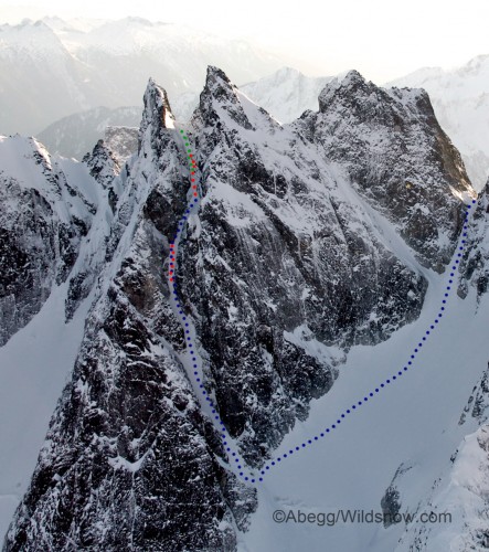 TwinNeedlesAbeggDec2008Louie Backcountry ski mountaineering terrain in the North Cascades.