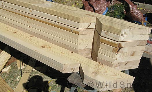Rafters pre-cut with bird mouths for backcountry skiing camp trailer. Rafters pre-cut with bird mouths for backcountry skiing camp trailer.