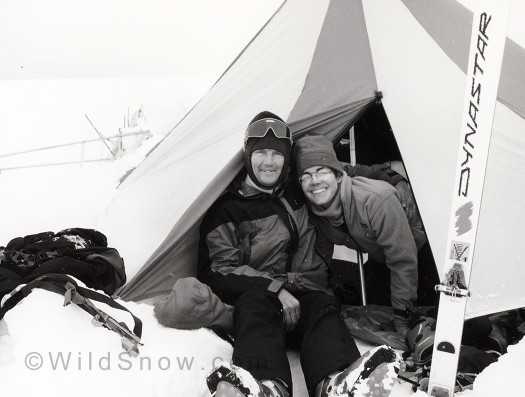 At our tent on the Columbia Icefield, 1995. Early Dynafits, skiinny skis, and snow. At our tent on the Columbia Icefield, 1995. Early Dynafits, skiinny skis, and snow.