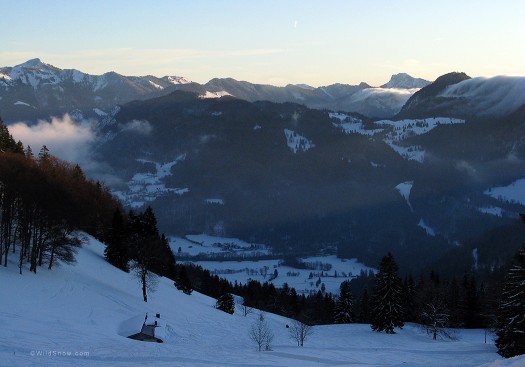 Skiing up to Wuhrstein Alm at nightfall. Skiing up to Wuhrstein Alm at nightfall.