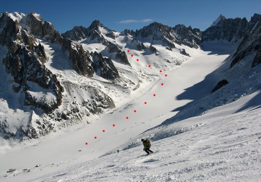 Yours truly, headed down from Grans Montets to the Argentiere Glacier for a history lesson. Yours truly, headed down from Grans Montets to the Argentière Glacier for a history lesson.