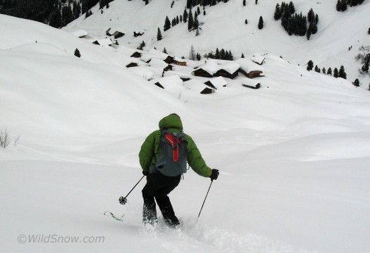 In a valley near Hochfugen ski resort, heading down to a small mountain village. I continue to recommend backcountry skiing in this area provided you first determine the relatively low-elevation snowpack is adequate. This year is of course exceptional, though it's getting warm and who knows what that trend will lead to. In a valley near Hochfugen ski resort, heading down to a small mountain village.