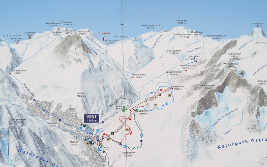 Resort map at the base of the Vent piste shows compressed view of Otztal. Resort map at the base of the Vent piste shows compressed view of Otztal.