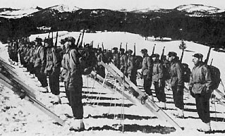 These soldiers at Camp Hale might be doing the 'Manual of Skis." These soldiers at Camp Hale might be doing the 'Manual of Skis."
