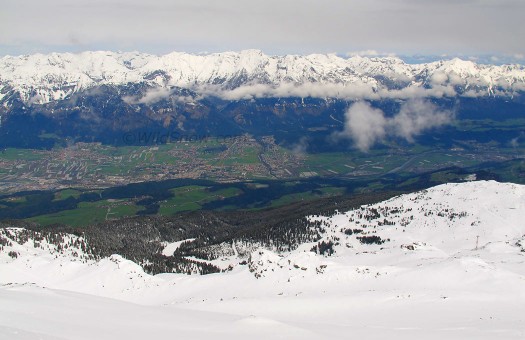 View westerly over Innsbruck, looking down more than 6,000 vert, average for many parts of the Alps. View westerly over Innsbruck, looking down more than 6,000 vert, average for many parts of the Alps.