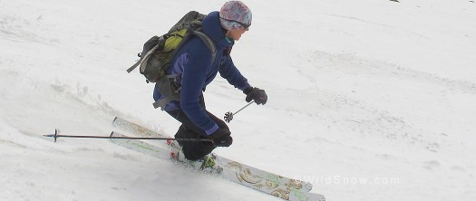 Mountain Equipment clothing review, Lisa skiing with jacket. Mountain Equipment clothing review, Lisa skiing with jacket.