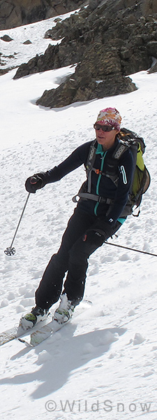 Lisa in Smartwool top, backcountry skiing. Lisa in Smartwool top, backcountry skiing.