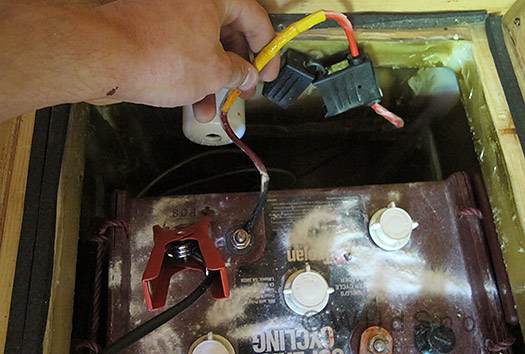 Battery fuse holder for solar system at backcountry skiing camp. Battery fuse holder for solar system at backcountry skiing camp.