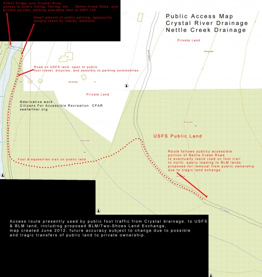 Main access, from the west, Crystal River drainage. Marked trail is approximate. Main access, from the west, Crystal River drainage. Marked trail is approximate.
