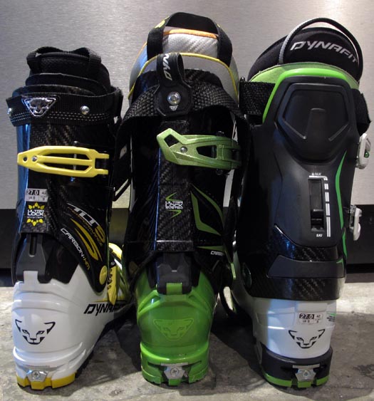 From the rear, left to right, TLT5P, Vulcan, Titan UL freeskiing boots. From the rear, left to right, TLT5P, Vulcan, Titan UL freeskiing boots.