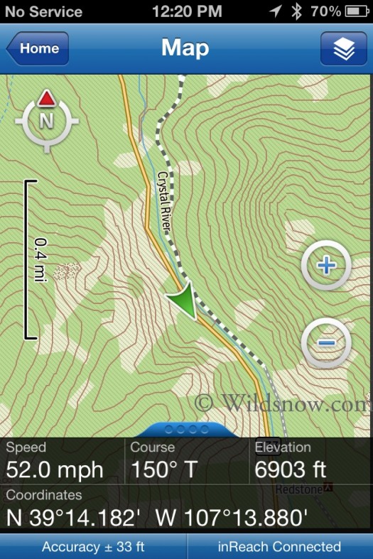 Upon tidying up the mess at Wildsnow backcountry HQ from a bear scat party I headed back into civilization using my iPhone paired with inReach as a speedometer. Upon tidying up the mess at Wildsnow backcountry HQ from a bear scat party I headed back into civilization using my iPhone paired with inReach as a speedometer.