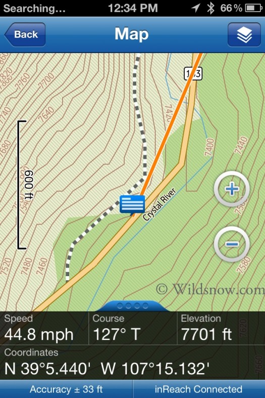 Once a user begins tracking the App will link your tracks and outgoing/received messages in a chain. In this instance I was driving. The chain reflected this by straighter lines. While hiking I noticed these lines where much closer allowing friends at home to track me at greater intensity. Note - the inReach is also approved for aviation use. In an Alaskan bushplane adventure this feature might be extremely valuable for those awaiting goods, services, or gear during an expedition. Once a user begins tracking the App will link your tracks and outgoing/received messages in a chain. In this instance I was driving. The chain reflected this by straighter lines. While hiking I noticed these lines where much closer allowing friends at home to track me at greater intensity. Note - the inReach is also approved for aviation use. In an Alaskan bushplane adventure this feature might be extremely valuable for those awaiting goods, services, or gear during an expedition.