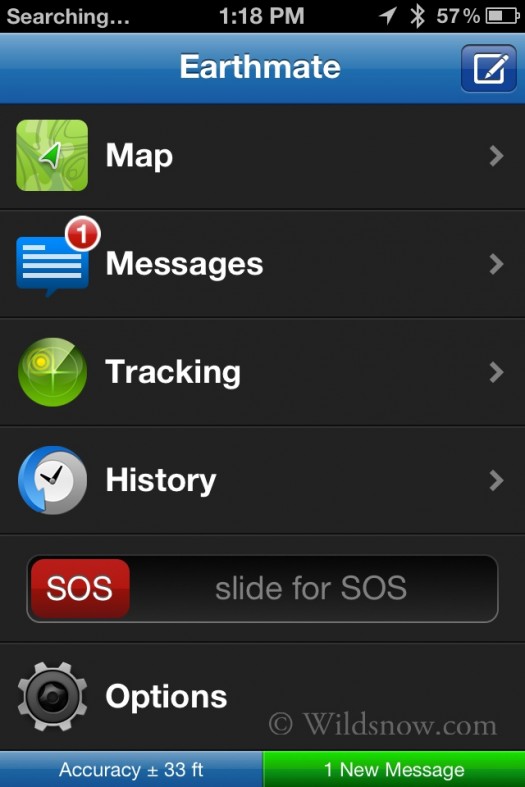 On Earthmate's home screen you have several choices to control your inReach. Map, Messages, Tracking, History, SOS, and Options. Note - when I recieved an incoming message my phone vibrated to alert me of the update. On Earthmate's home screen you have several choices to control your inReach. Map, Messages, Tracking, History, SOS, and Options. Note - when I recieved an incoming message my phone vibrated to alert me of the update.