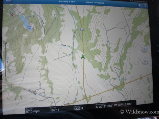 First firing up of the EarthMate App on my iPad as I headed up hwy 133. Speed, course, elevation, coordinates, and accuracy all displayed as well as the ability to zoom in and out as it realtime tracked me with an accuracy of +/- 33ft. Note--This is not a screen shot and the accuracy never changed for better or worse during my time thus far with the inReach. First firing up of the EarthMate App on my iPad as I headed up hwy 133. Speed, course, elevation, coordinates, and accuracy all displayed as well as the ability to zoom in and out as it realtime tracked me with an accuracy of +/- 33ft. Note--This is not a screen shot and the accuracy never changed for better or worse during my time thus far with the inReach.