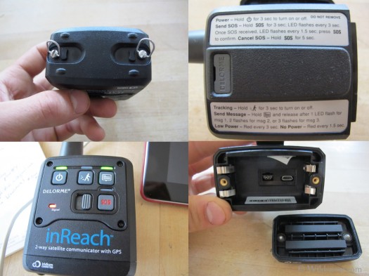 Bottom of inReach contains dustproof and waterproof screw closures (claimed up to 3 meters), back plate features instructions to send messages without a bluetooth connected device, upon initial RESET all lights will flash to signify power and a hard Reset -- LED lights are not especially bright under full sunlight Bottom of inReach contains dustproof and waterproof screw closures (claimed up to 3 meters), back plate features instructions to send messages without a bluetooth connected device, upon initial RESET all lights will flash to signify power and a hard Reset -- LED lights are not especially bright under full sunlight